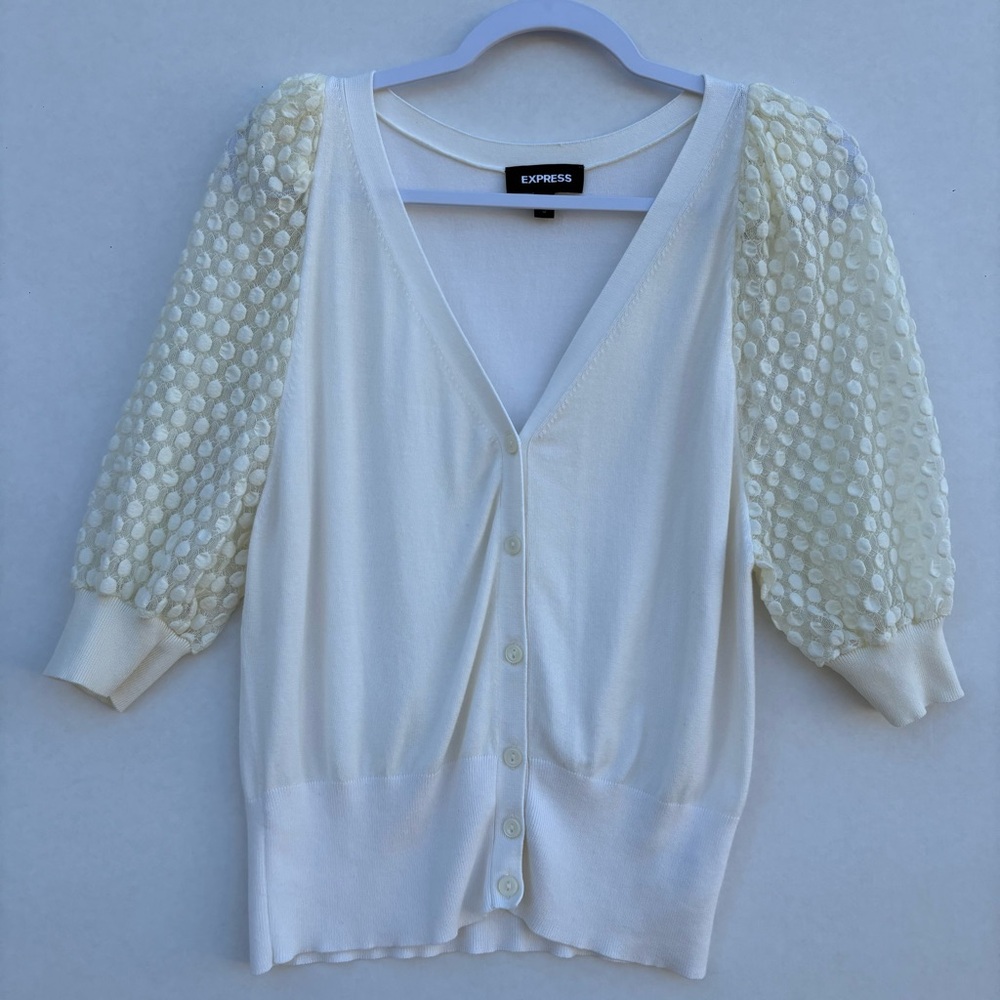 Express Ivory Cardigan with  puff Sleeves Size Medium Bottom Up | V Neck